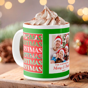 Festive Retro Green Christmas Family Photo Large Coffee Mug