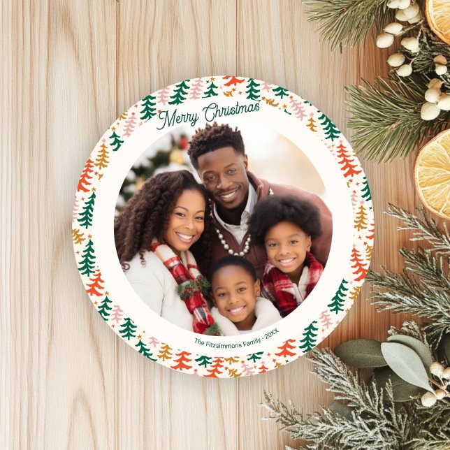 Festive Retro Holiday Tree Photo Card (Groovy Retro Christmas Tree Holiday Circle Card)