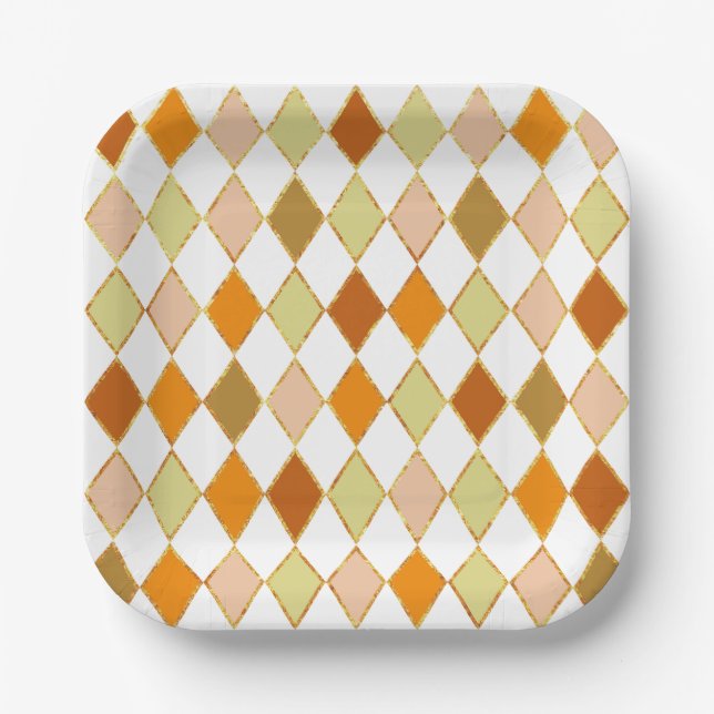 Festive Retro Orange Beige White Diamond Pattern Paper Plate (Front)
