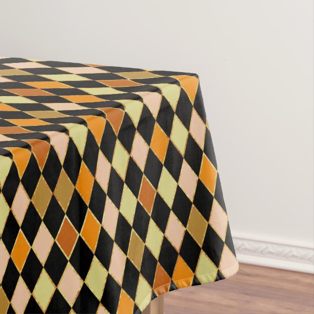Festive Retro Orange Black Diamond Pattern Tablecloth (In Situ)