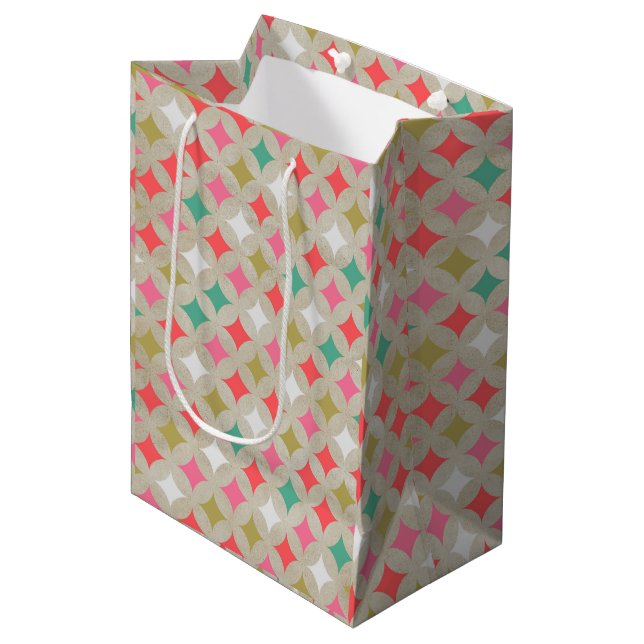 Festive Retro Pastel Pink Green Diamond Pattern Medium Gift Bag (Front Angled)