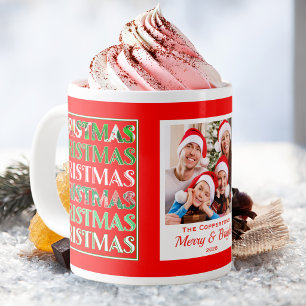 Festive Retro Red Christmas Family Photo Large Coffee Mug
