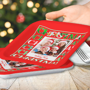 Festive Retro Red Christmas Family Photo Paper Plate