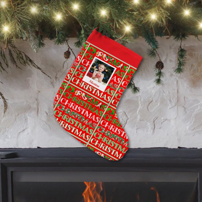 Festive Retro Red Photo Name Small Christmas Stocking (Creator Uploaded)