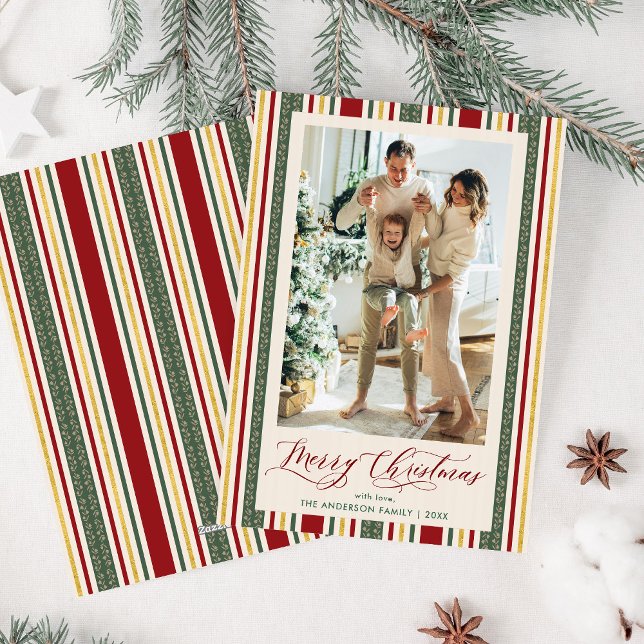 Festive Retro Stripes Merry Christmas Photo Holiday Card (Creator Uploaded)