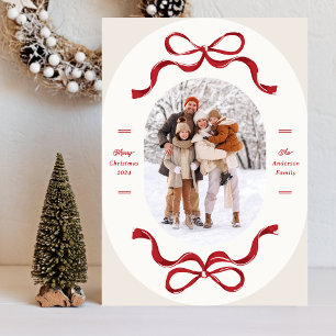 Festive Retro Trendy Red Bows Oval Photo Holiday Card