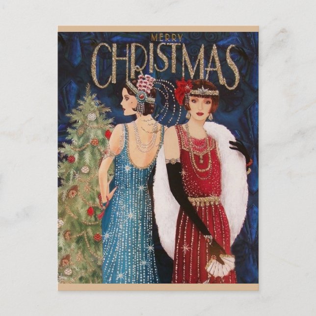 Festive retro vintage Christmas art deco Holiday Postcard (Front)