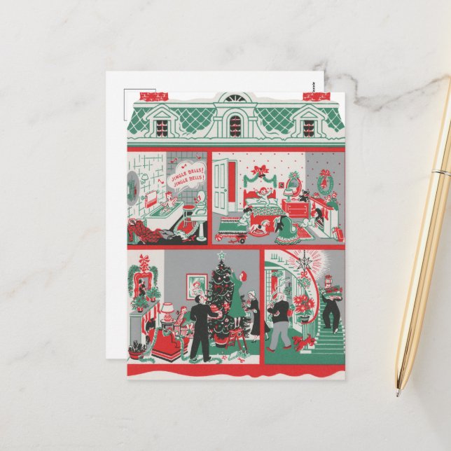 festive retro vintage Christmas house Holiday Postcard (Front/Back In Situ)