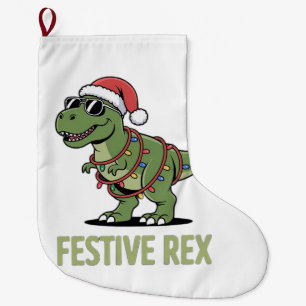 Festive Rex Dinosaur Holiday Cheer Large Christmas Stocking