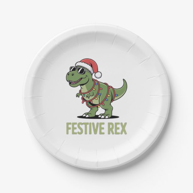 Festive Rex Dinosaur Holiday Cheer  Paper Plate (Front)