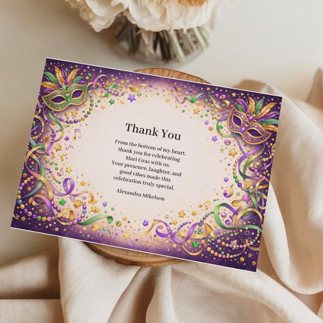 Festive Ribbon Mask Mardi Gras Masquerade Thank You Card (Creator Uploaded)
