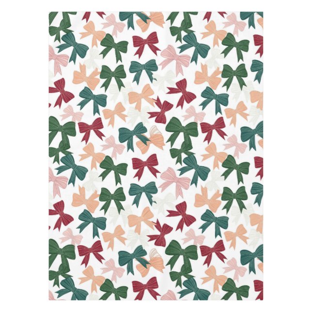 Festive Ribbon Parade – Multicolor Bows on White Tablecloth (Front)