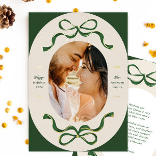 Festive Ribbons & Bows Green Real Gold Oval Photo