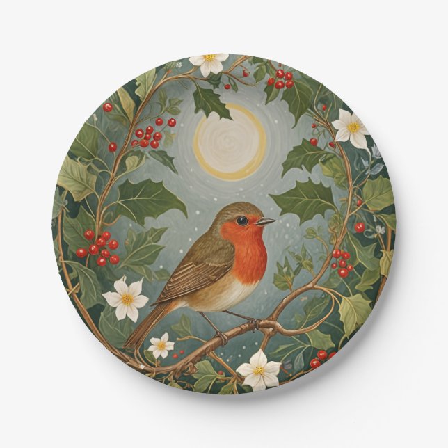 Festive Robin and Holly Paper Plate (Front)