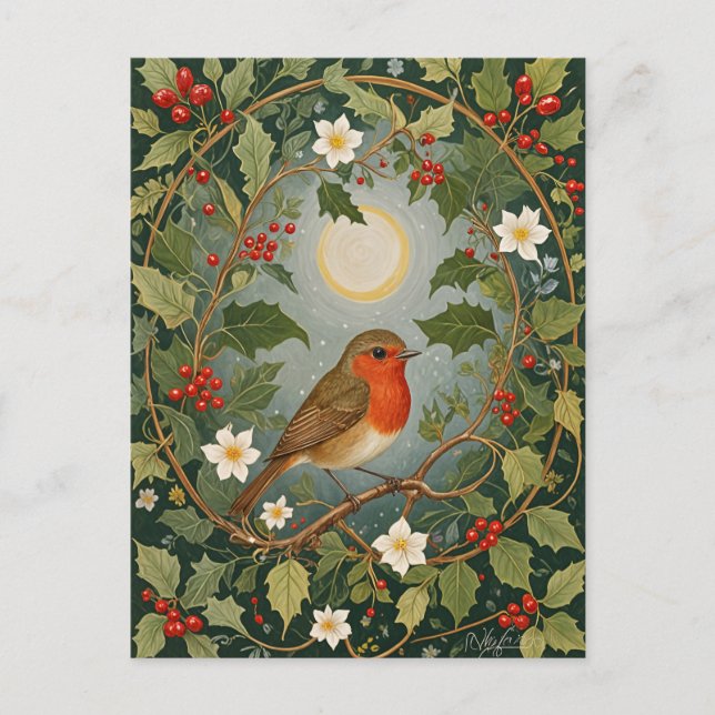 Festive Robin and Holly Postcard (Front)