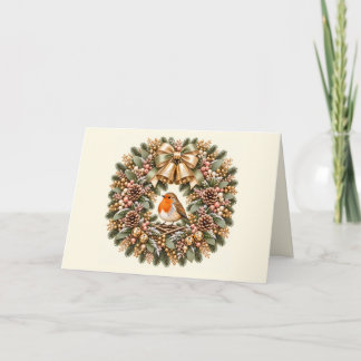 Festive Robin Christmas Wreath Jingle Bells Holiday Card