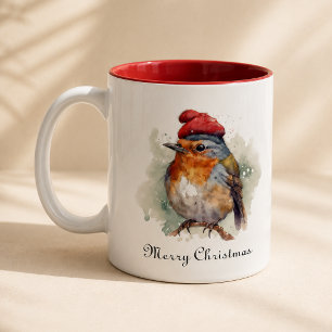 Festive Robin Watercolor Christmas Coffee Two-Tone Coffee Mug