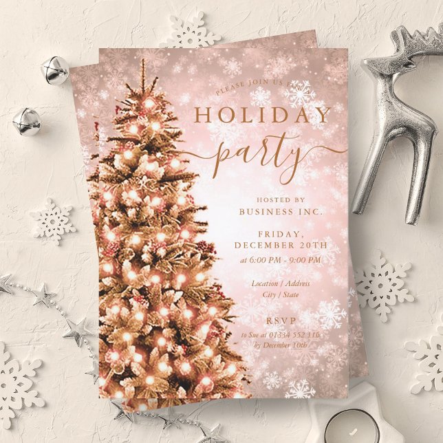 Festive Rose Gold Christmas Tree Company Holiday  Invitation (Festive Rose Gold Christmas Tree Company Holiday Invitation)