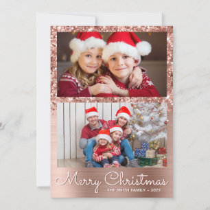 Festive Rose Gold Glam 2 Photo Collage Holiday Card