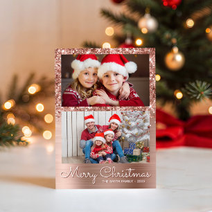 Festive Rose Gold Glam 2 Photo Collage Holiday Card