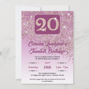Festive Rose Gold Glitter 20th Birthday Invitation