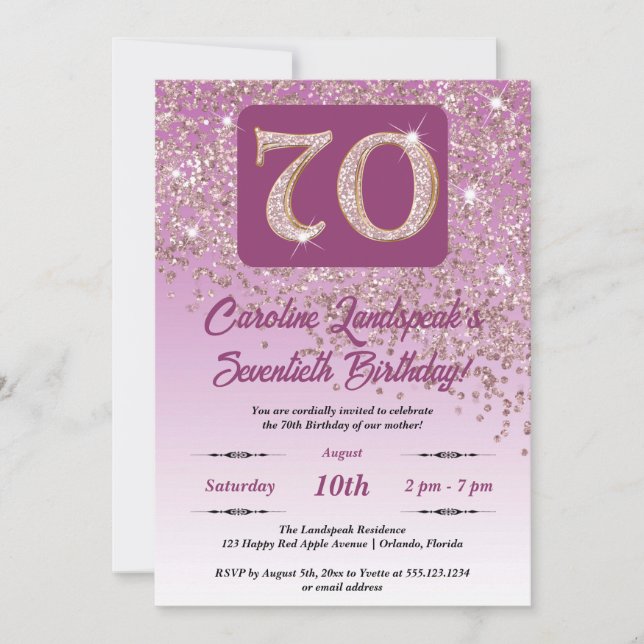 Festive Rose Gold Glitter 70th Birthday Invitation (Front)