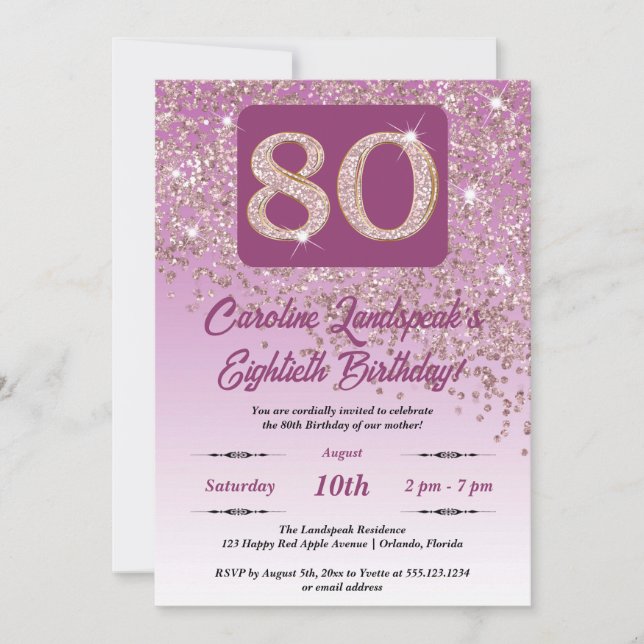 Festive Rose Gold Glitter 80th Birthday Invitation (Front)