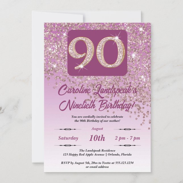 Festive Rose Gold Glitter 90th Birthday Invitation (Front)