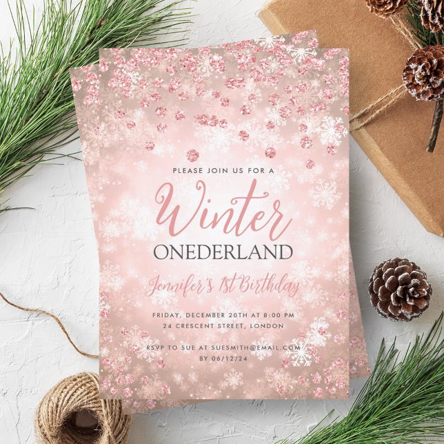 Festive Rose Gold Winter ONEDERLAND 1st Birthday Invitation (Festive Rose Gold Winter ONEDERLAND 1st Birthday Invitation)