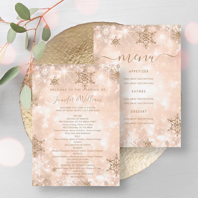 Festive Rose Gold Winter Wedding Menu Program Invitation (Festive Rose Gold Winter Wedding Menu Program)