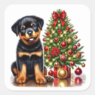 Festive Rottweiler Puppy by a Christmas Tree Square Sticker