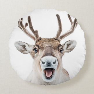 Festive Round Throw Pillow with Silly Reindeer