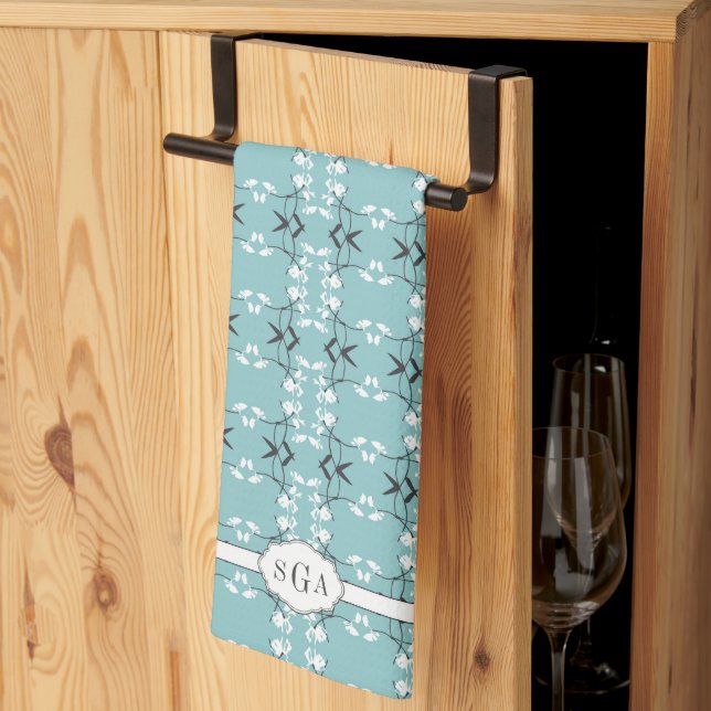 Festive Royal Botanical Monogram Robin's Egg Blue Tea Towel (Thirds Fold)