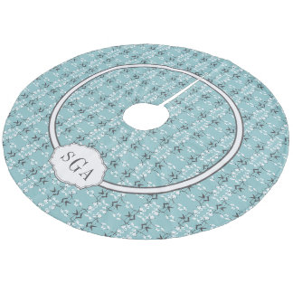 Festive Royal Botanical Robin's Egg Blue Monogram Fleece Tree Skirt