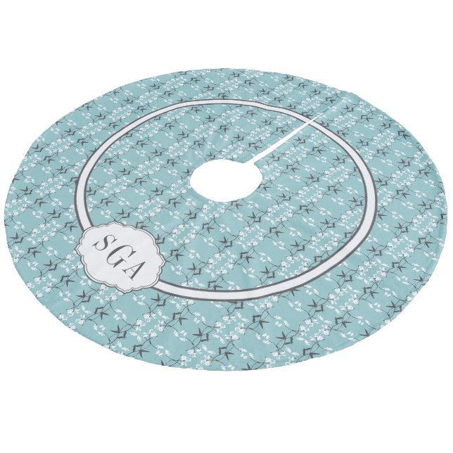 Festive Royal Botanical Robin's Egg Blue Monogram Fleece Tree Skirt (Angled)