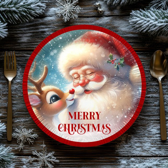 Festive Rudolph Red Nose Funny Christmas Plates (Cute Santa and Rudolph Cartoon Christmas Paper Plates)