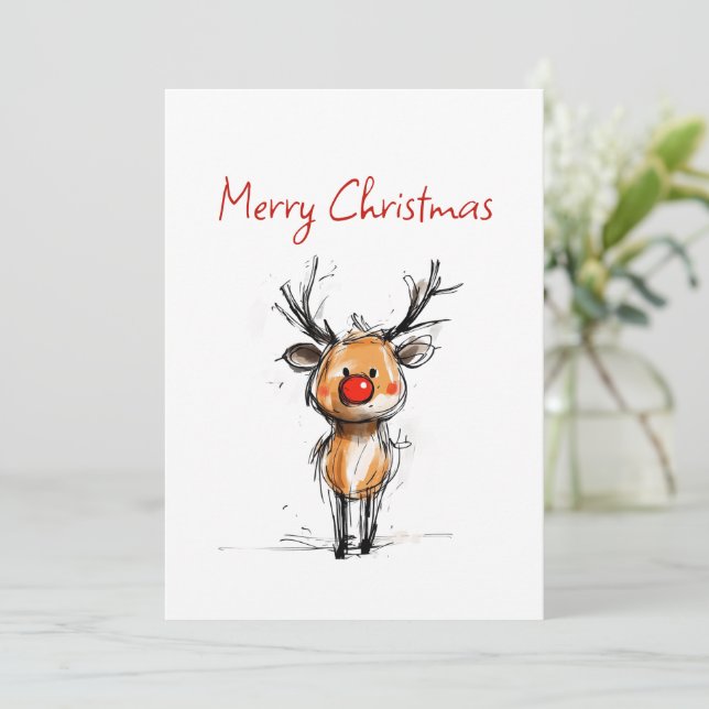 Festive Rudolph Reindeer Sketch Merry Christmas Holiday Card (Standing Front)