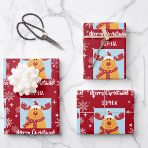 Festive Rudolph Reindeer Snow Personalized Xmas Wrapping Paper Sheet