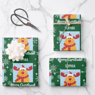 Festive Rudolph Reindeer Snow Personalized Xmas Wrapping Paper Sheet