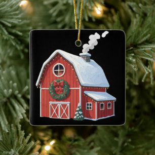 Festive Rustic Farmhouse Snowy Red Barn Christmas Ceramic Ornament