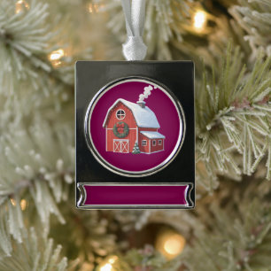 Festive Rustic Farmhouse Snowy Red Barn Christmas Silver Plated Banner Ornament