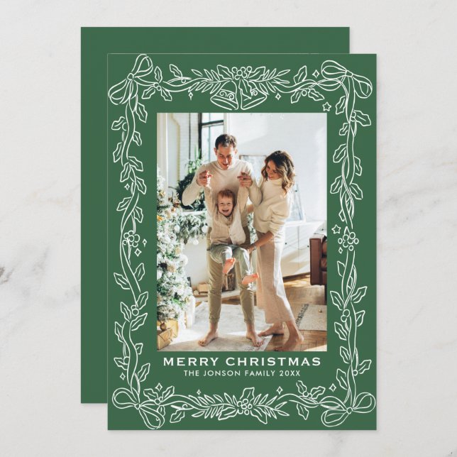 Festive Sage Green Christmas Bow Ribbon 2 Photo Holiday Card (Front/Back)