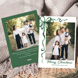 Festive Sage Green Christmas Bow Ribbon 2 Photo Holiday Card