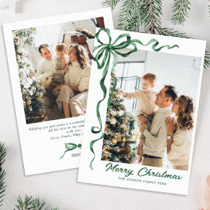 Festive Sage Green Christmas Bow Ribbon 2 Photo Holiday Card