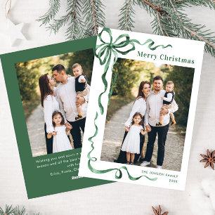 Festive Sage Green Christmas Bow Ribbon 2 Photo Holiday Card