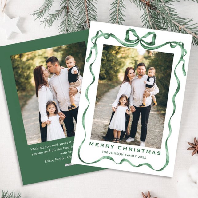 Festive Sage Green Christmas Bow Ribbon 2 Photo Holiday Card (Creator Uploaded)