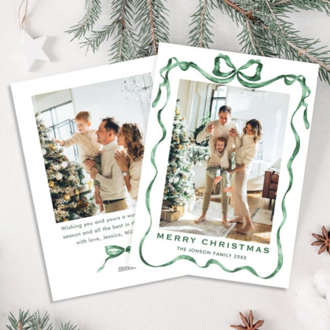Festive Sage Green Christmas Bow Ribbon 2 Photo Holiday Card (Creator Uploaded)