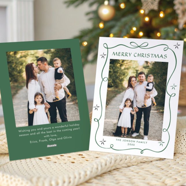 Festive Sage Green Christmas Bow Ribbon 2 Photo Holiday Card (Creator Uploaded)