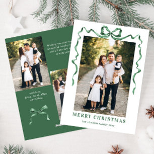 Festive Sage Green Christmas Bow Ribbon 3 Photo Holiday Card