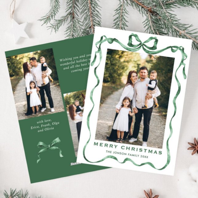 Festive Sage Green Christmas Bow Ribbon 3 Photo Holiday Card (Creator Uploaded)